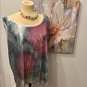 Pure Energy Sequined Floral Tie Dye White Tank 4X